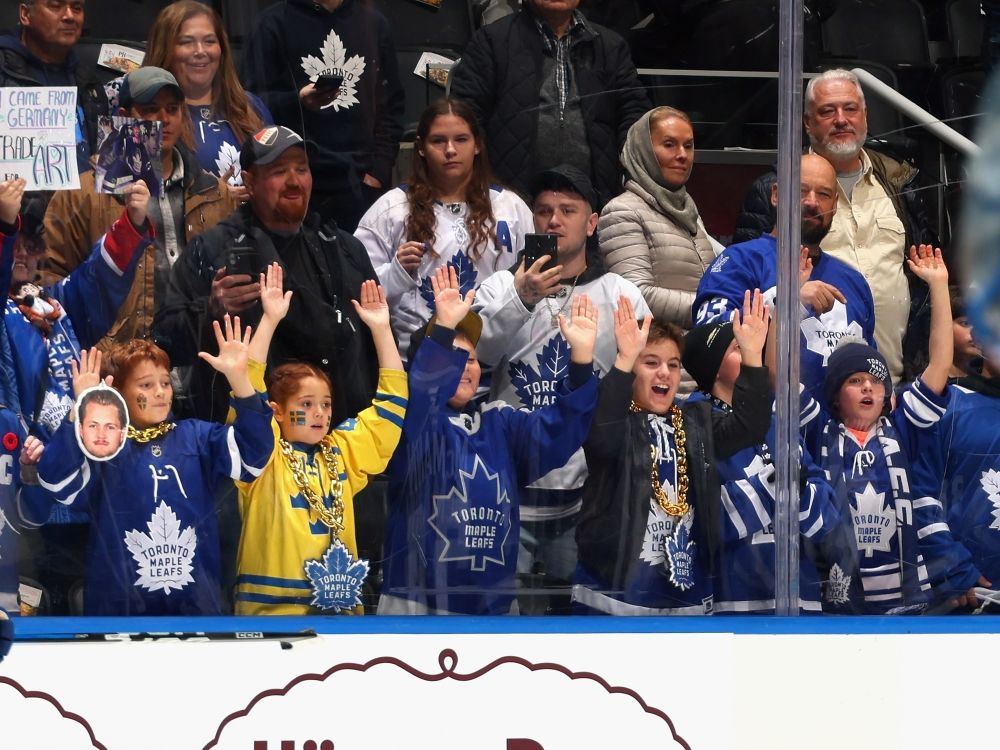 Fans watch warm-ups prior to the game between the Toronto Maple Leafs and the Boston Bruins at Scotiabank Arena last season.