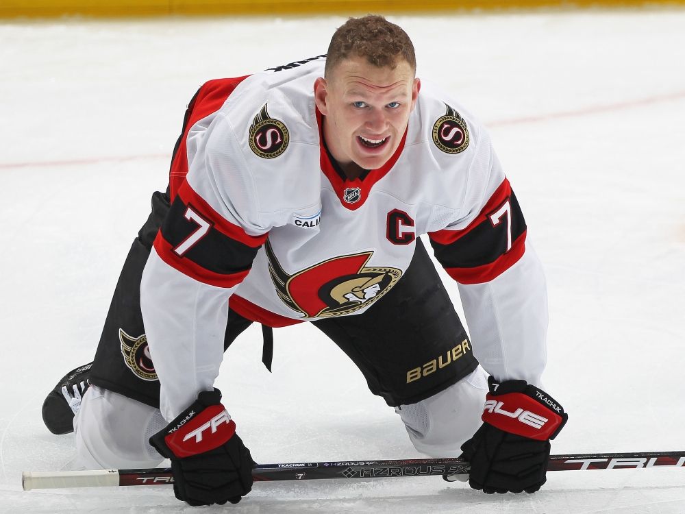 Brady Tkachuk, then of the Ottawa Senators, warms up prior to playing a game against the Toronto Maple Leafs.
