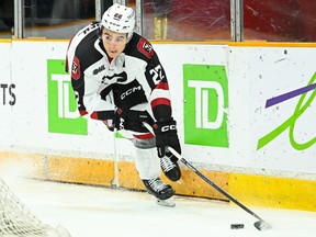 Matthew Mayich of the Ottawa 67's skates with the puck during a game in 2024.