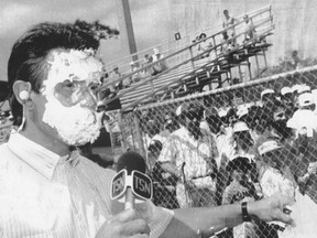 During Blue Jays spring training in 1987, Buck Martinez, then a TSN broadcaster, got a pie in the face.