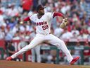 José Soriano #59 of the Los Angeles Angels pitches during the first inning against the St. Louis Cardinals at Angel Stadium of Anaheim on July 20, 2026 in Anaheim, California.