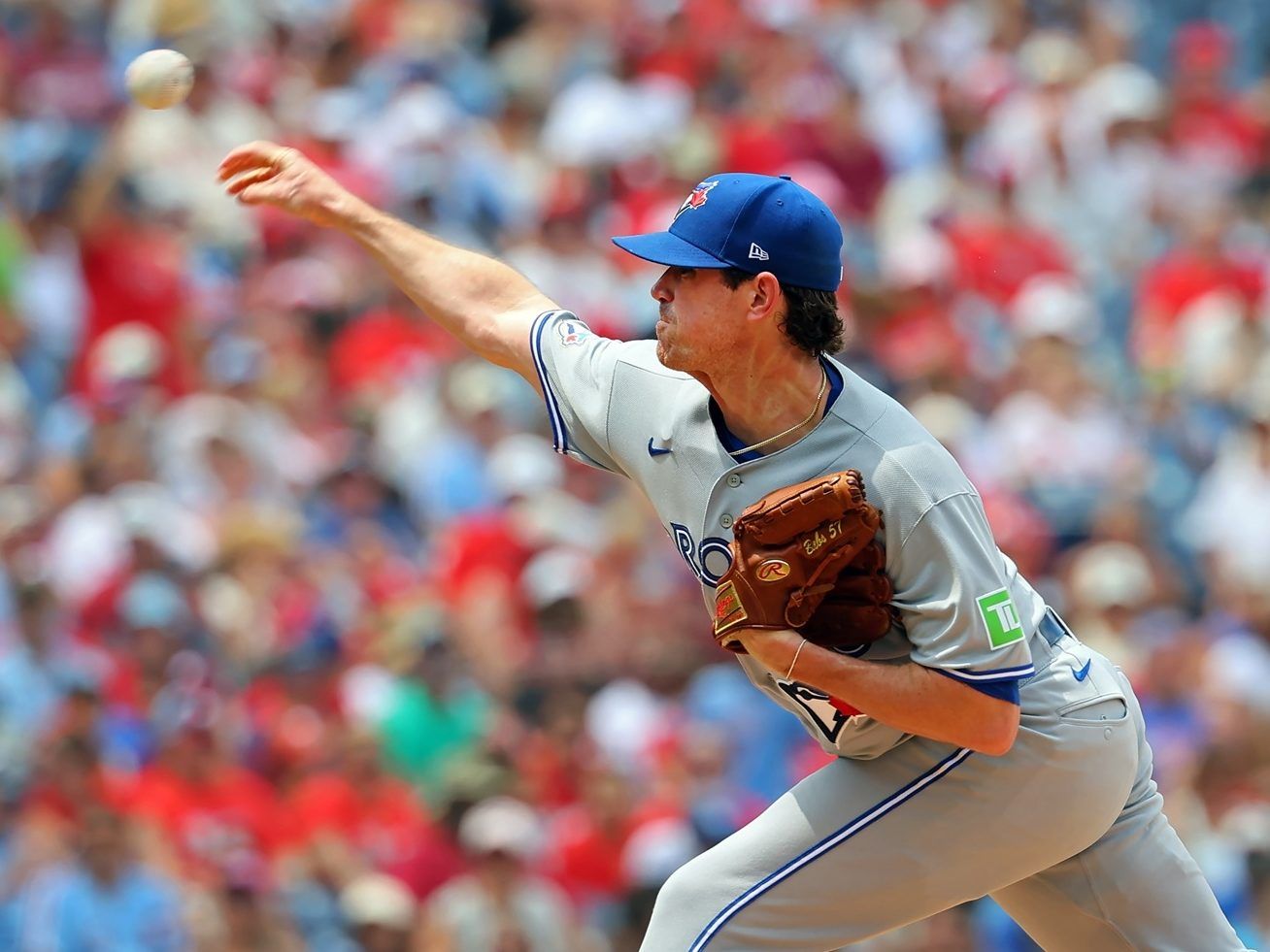 Shane Bieber of the Toronto Blue Jays throws a pitch.