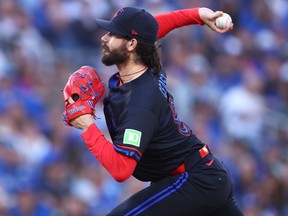 Blue Jays starter Dylan Cease pitches during first inning MLB action against the Seattle Mariners at Rogers Centre in Toronto, Friday, Aug. 28, 2026.