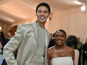 Pro-basketball player Brittney Griner and her wife Cherelle Griner arrive for the 2023 Met Gala at the Metropolitan Museum of Art on May 1, 2023, in New York.