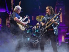 Alex Lifeson and Geddy Lee of legendary Canadian rock band Rush perform during the first of four shows at Scotiabank Arena in Toronto, Friday, Aug. 7, 2026.