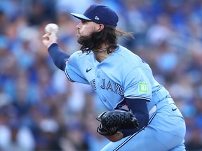 Blue Jays starter Spencer Arrighetti pitches in the first inning against the Kansas City Royals at Rogers Centre in Toronto, Thursday, Aug. 27, 2026.