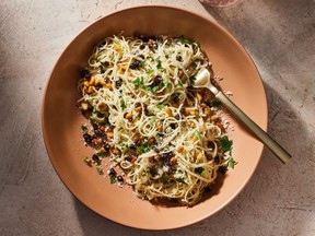 Angel Hair Pasta With Currants and Pine Nuts. MUST CREDIT: Justin Tsucalas/For The Washington Post; food styling by Lisa Cherkasky