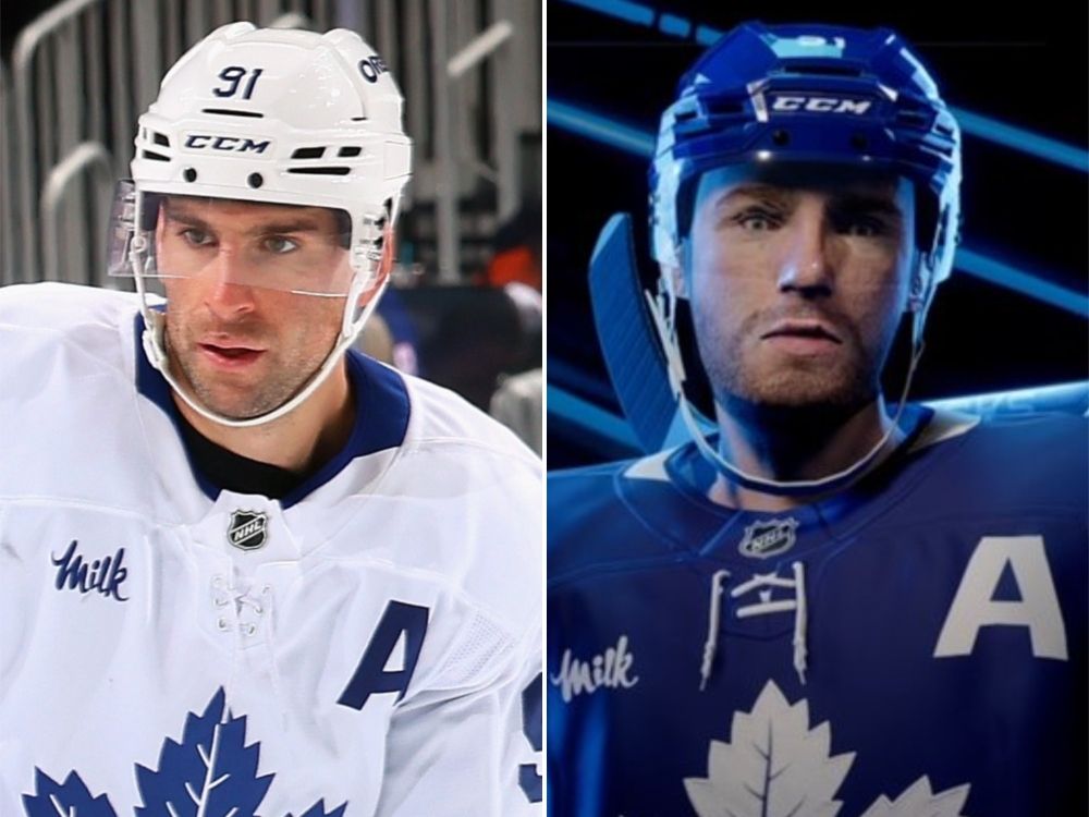 Maple Leafs centre John Tavares in real life and in NHL 27.
