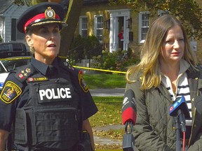 Belleville Police Deputy Chief Sheri Meeks, left, and Kristy Denette, communications co-ordinator of Ontario's Special Investigations Unit, speak to reporters.