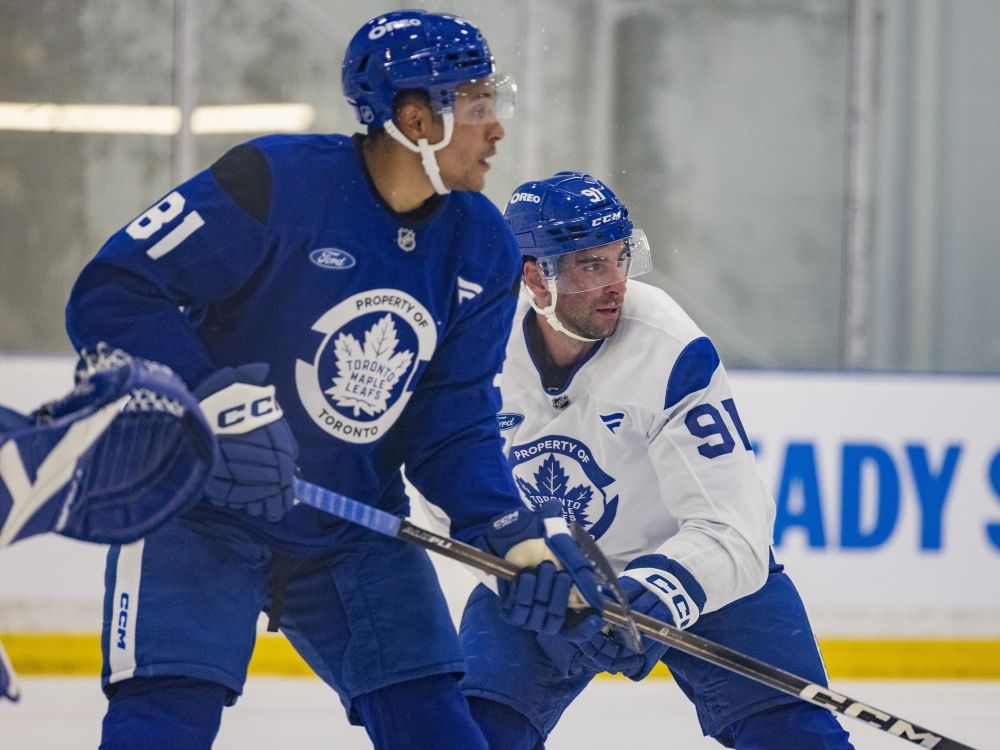 Dakota Joshua (left) and John Tavares at the Toronto Maple Leafs training camp in Etobicoke.