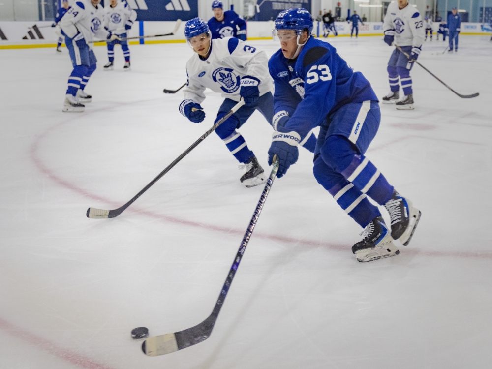 Easton Cowan (right) and Nick Blankenburg at the Toronto Maple Leafs training camp in Etobicoke.