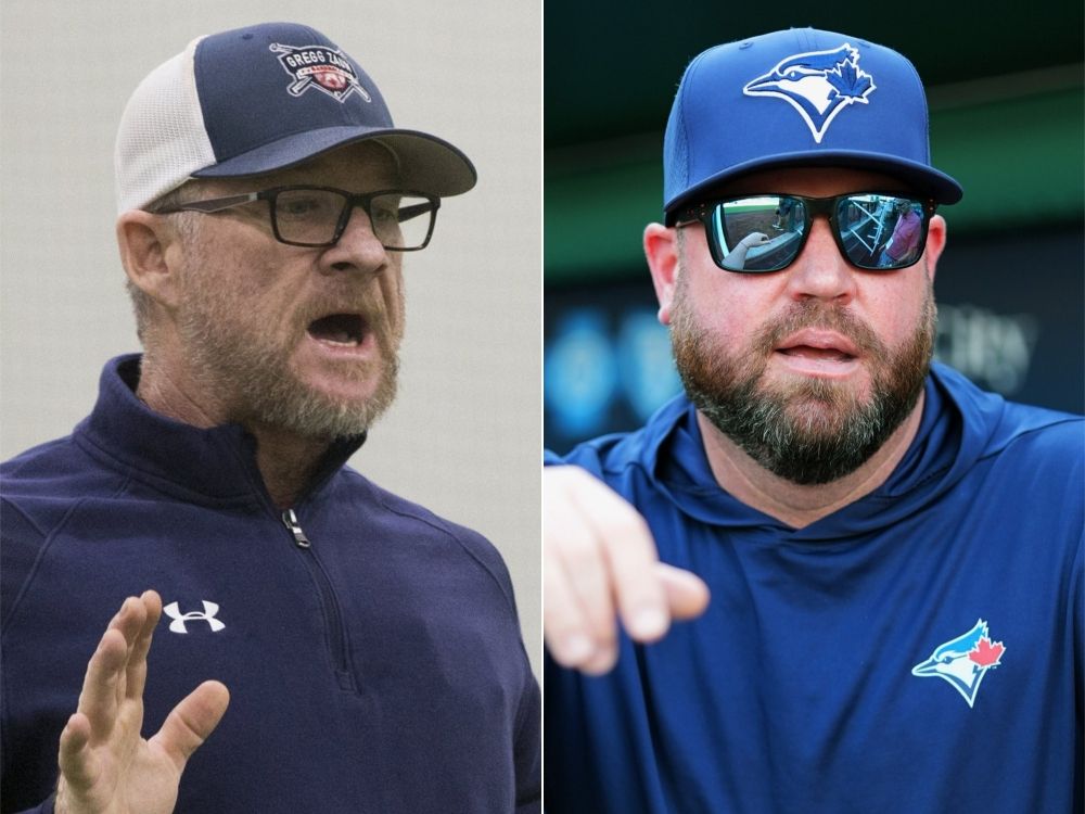 Former Blue Jays catcher Gregg Zaun (left) and current manager John Schneider.