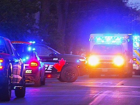 Multiple police and ambulance vehicles are shown Sunday, Sept. 21 responding to a reported shooting in Belleville. A city police officer and a lone suspect were rushed to Kingston General Hospital after gunfire outside the Sons of Jacob Synagogue in the east end around 7:10 p.m.