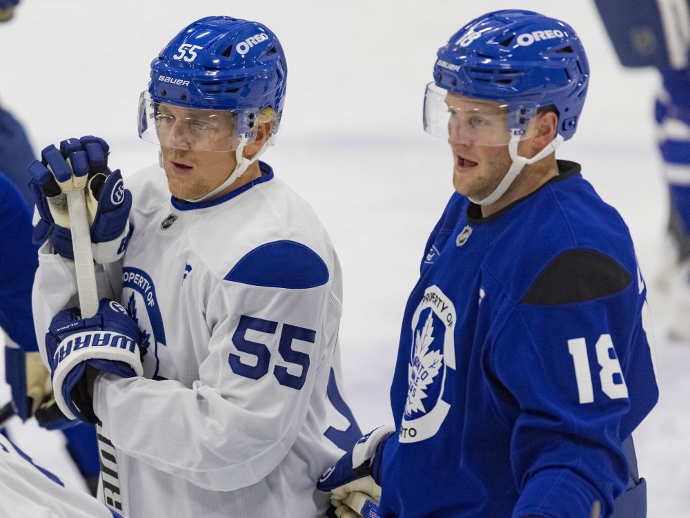 Emile Andrae (left) and Steven Lorentz at the Toronto Maple Leafs training camp in Etobicoke.
