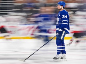Auston Matthews of the Toronto Maple Leafs skates during warm-up prior to the preseason game against the Ottawa Senators.