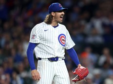 Kevin Gausman of the Chicago Cubs celebrates during a game against the Miami Marlins.