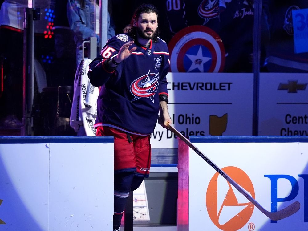 Kirill Marchenko of the Columbus Blue Jackets waves to the fans after a game against the Tampa Bay Lightning last year.