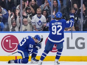 Easton Cowan of the Toronto Maple Leafs celebrates