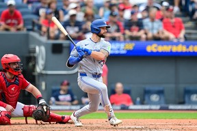 Nathan Lukes of the Toronto Blue Jays hits a two-run double.