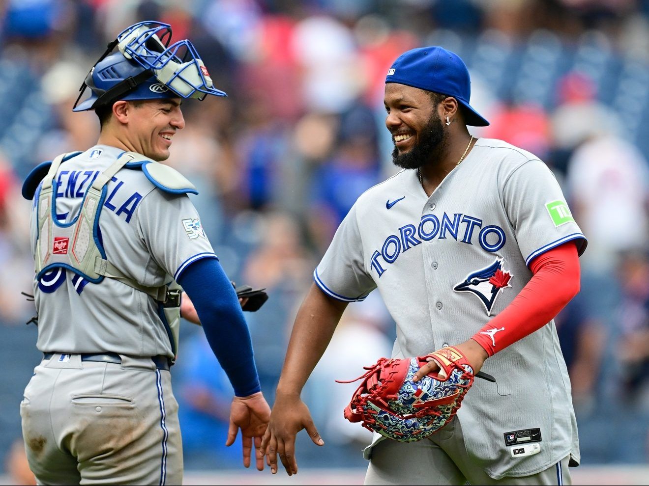 Brandon Valenzuela and Vladimir Guerrero Jr. of the Toronto Blue Jays celebrate the team's 6-3 win over the Cleveland Guardians at Progressive Field on Thursday, Sept. 3, 2026, in Cleveland, Ohio.