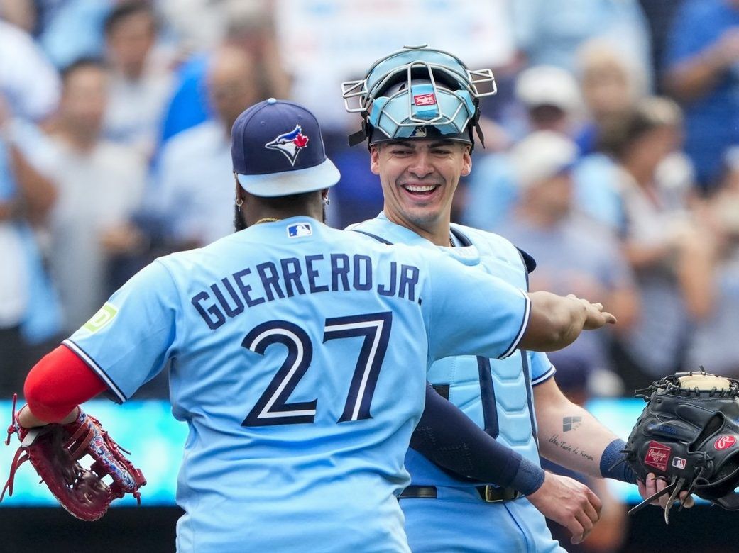 Catcher Brandon Valenzuela #59 of the Toronto Blue Jays celebrates with first baseman Vladimir Guerrero Jr. #27 after defeating the Detroit Tigers at Rogers Centre on September 16, 2026 in Toronto, Canada.
