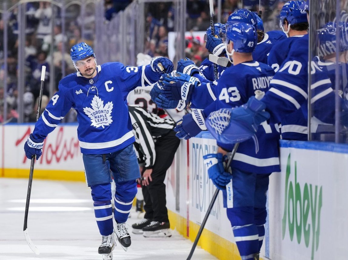 Auston Matthews #34 of the Toronto Maple Leafs celebrates his third period goal against the Ottawa Senators during preseason game action at Scotiabank Arena on September 23, 2026 in Toronto, Ontario, Canada.
