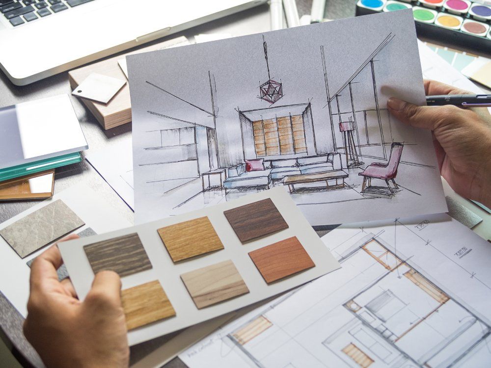 Architect designer Interior creative working hand drawing sketch plan blue print selection material color samples art tools Design Studio