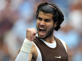 Carlos Alcaraz of Spain celebrates after defeating Yibing Wu of China in their Men's Singles Third Round match on Day Six of the 2026 U.S. Open at USTA Billie Jean King National Tennis Center, on Sept. 4, 2026, in the Flushing neighbourhood of the Queens borough of New York City.