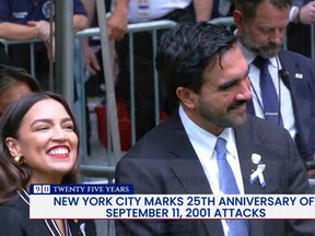 House Rep. Alexandria Ocasio-Cortez. left, and New York City Mayor Zohran Mamdani shared a laugh during Friday's sombre ceremony honouring the victims of 9/11.