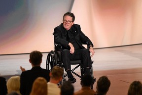 In an emotional moment, Canadian actor Michael J. Fox is honoured with the Bob Hope Humanitarian award at the Emmys on September 14, 2026. Patrick T. Fallon / AFP via Getty Images