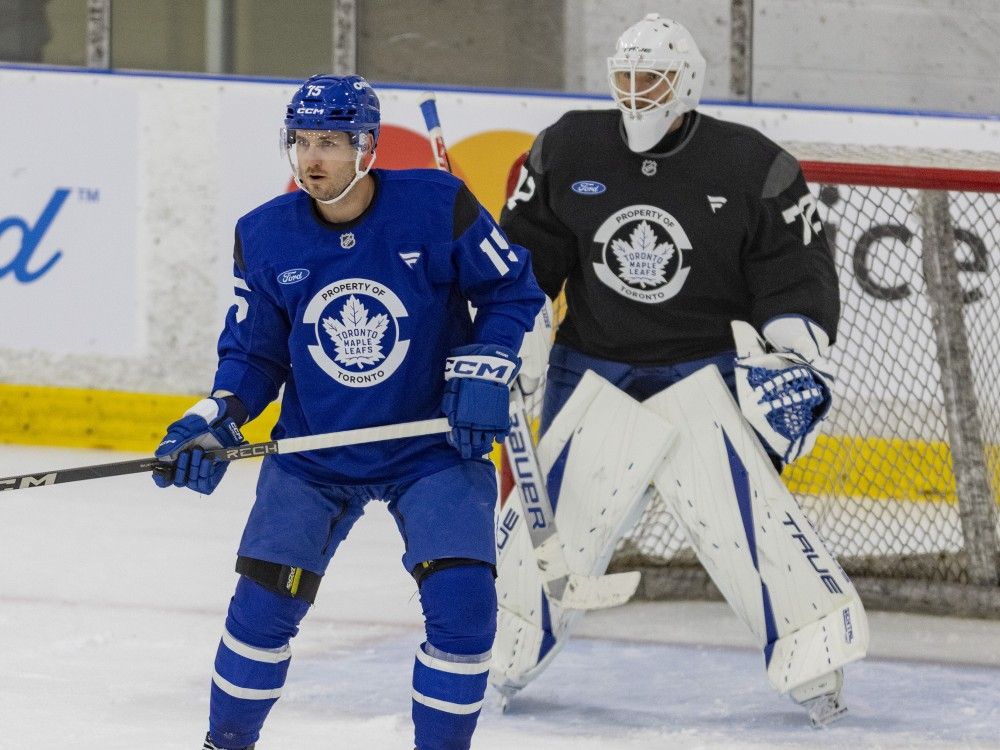 Maple Leafs defenceman Colton Scissons and goalie Sergei Bobrovsky participate at training camp at the Ford Performance Centre in Toronto, Thursday Sept. 17, 2026.