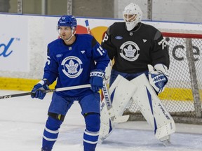 Maple Leafs defenceman Colton Scissons and goalie Sergei Bobrovsky participate at training camp at the Ford Performance Centre in Toronto, Thursday Sept. 17, 2026.