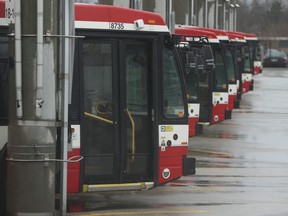 Buses are photographed at the TTC's Comstock Garage in Scarborough on March 23, 2020.