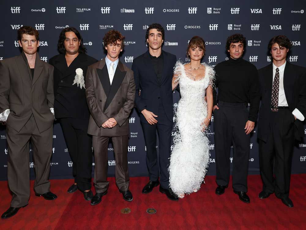 From left to right: Miguel Bernardeau, Carlos Gonzalez, Guitarricadelafuente, Javier Calvo, Penelope Cruz, Javier Ambrossi, and Milo Quifes attend Netflix's "La Bola Negra" Canadian premiere on Sept. 15, 2026 at the Toronto International Film Festival.