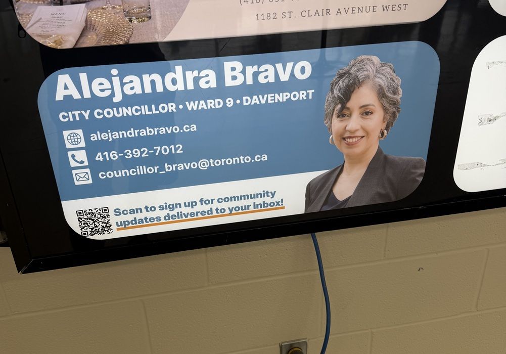 This digital advertisement for incumbent Davenport councillor Alejandra Bravo was on display in at least one Toronto community centre as recently as this month — which is against the city’s pre-election policies.