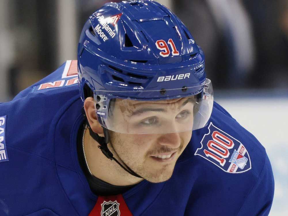 Brendan Brisson #91 of the New York Rangers skates against the Boston Bruins at Madison Square Garden on Sept. 23, 2025 in New York City.