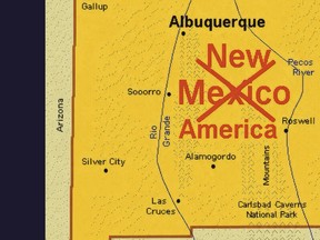 An altered map of New Mexico with Mexico crossed out and replaced with America.