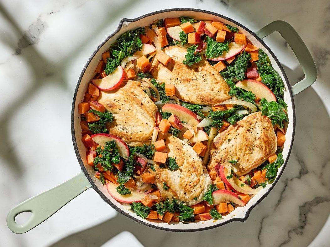Skillet chicken with apples, sweet potatoes and kale.