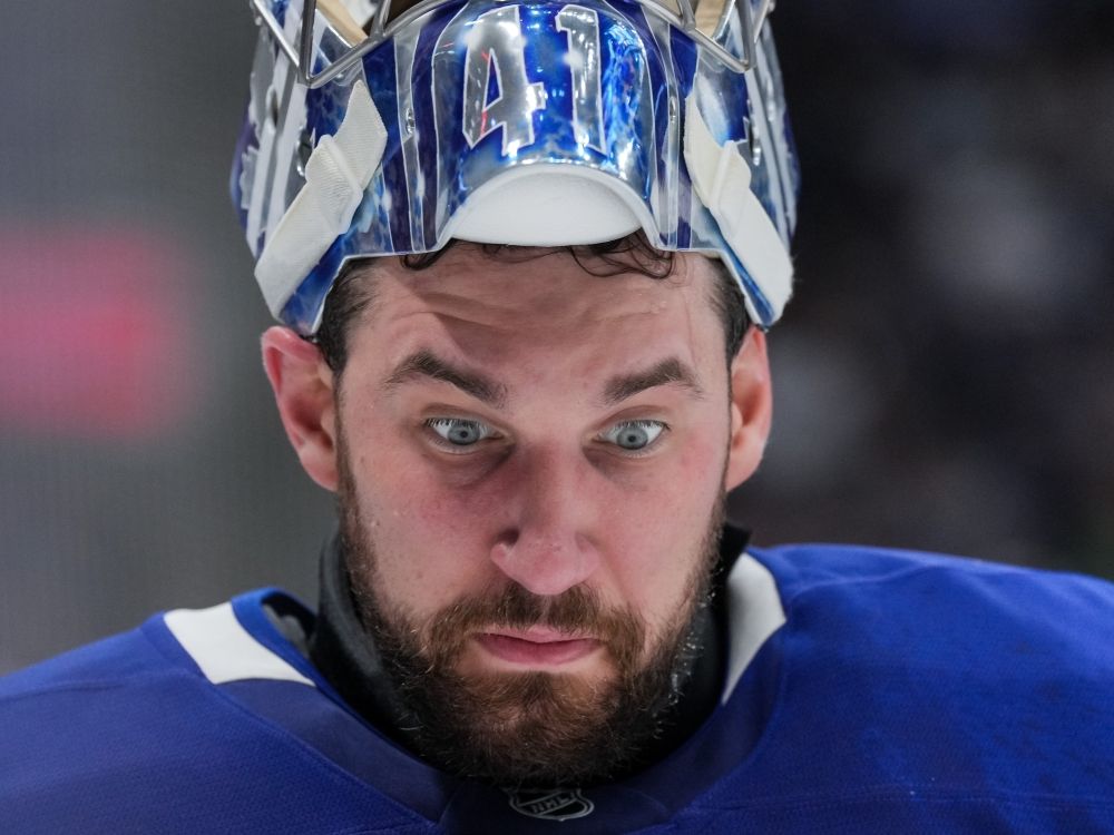 Anthony Stolarz of the Toronto Maple Leafs looks on in the first period against the New York Islanders.