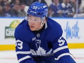 Easton Cowan of the Toronto Maple Leafs.