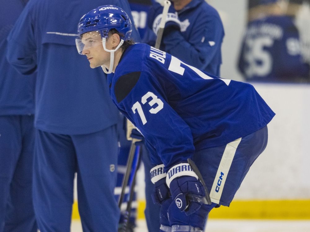 Toronto Maple Leafs forward Teddy Blueger takes part in training camp at the Ford Performance Centre.