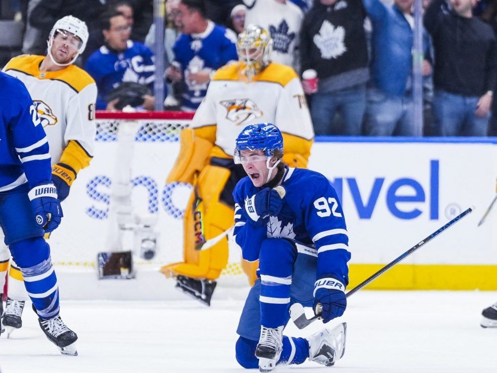 Gavin McKenna of the Toronto Maple Leafs celebrates after scoring his first NHL goal against the Nashville Predators during the second period on Oct. 6, 2026 at Scotiabank Arena in Toronto.