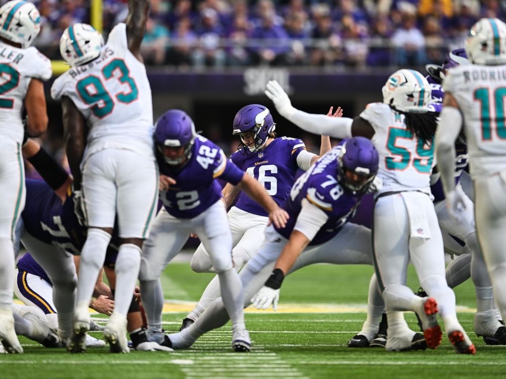 Will Reichard of the Minnesota Vikings kicks a field goal against the Miami Dolphins.