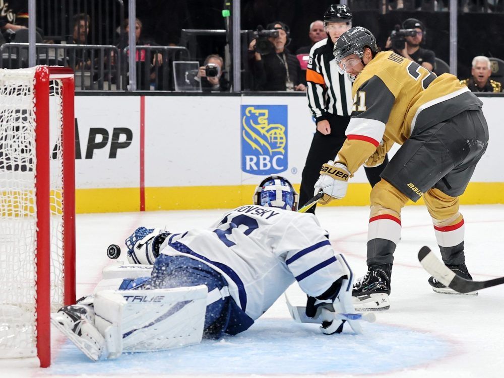 Brett Howden of the Vegas Golden Knights takes a shot against Sergei Bobrovsky of the Toronto Maple Leafs in the second period at T-Mobile Arena on October 08, 2026 in Las Vegas, Nevada. (Photo by Ethan Miller/Getty Images)