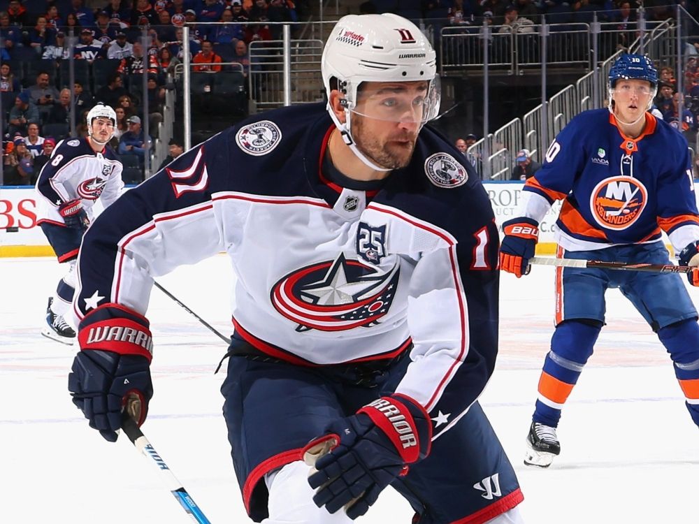 Miles Wood of the Columbus Blue Jackets skates against the New York Islanders during a game last season.