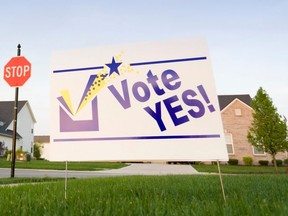 Image of a lawn sign in a neighbourhood reading Vote Yes