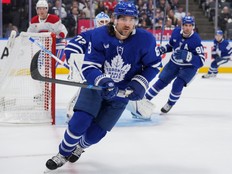 Chris Tanev of the Toronto Maple Leafs skates against the Montréal Canadiens.