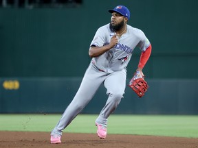 Vladimir Guerrero Jr. of the Toronto Blue Jays plays first base against the Athletics earlier this season.
