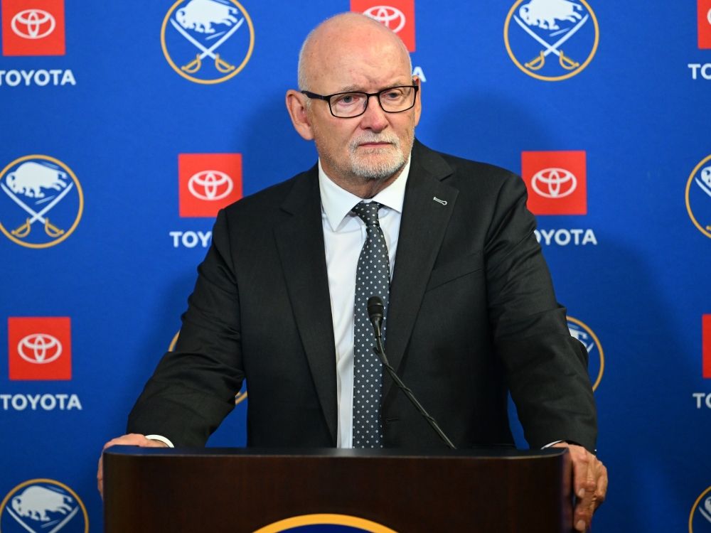 Buffalo Sabres head coach Lindy Ruff addresses the media following an NHL game against the Chicago Blackhawks.