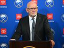 Buffalo Sabres head coach Lindy Ruff addresses the media following an NHL game against the Chicago Blackhawks.